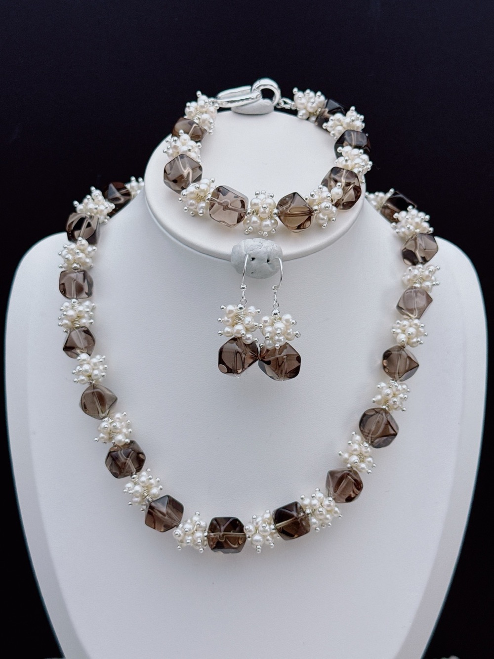 26X549 Handmade Freshwater Pearl Smoky Quartz Flower Blossom Necklace 3pcs Set